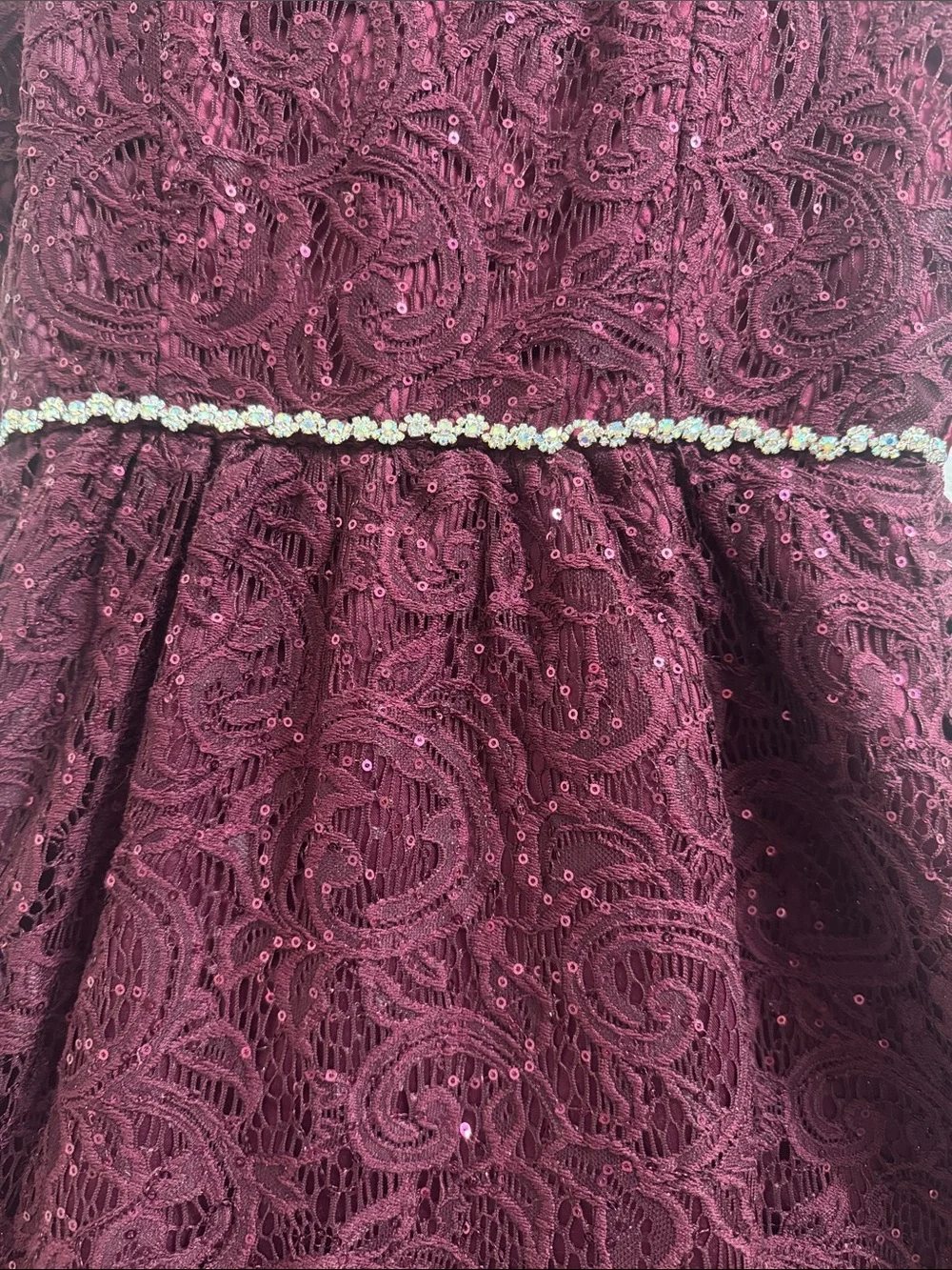 Rare Editions- Girls Lace Sequined High-Low Dress with Jeweled Waist in Burgundy